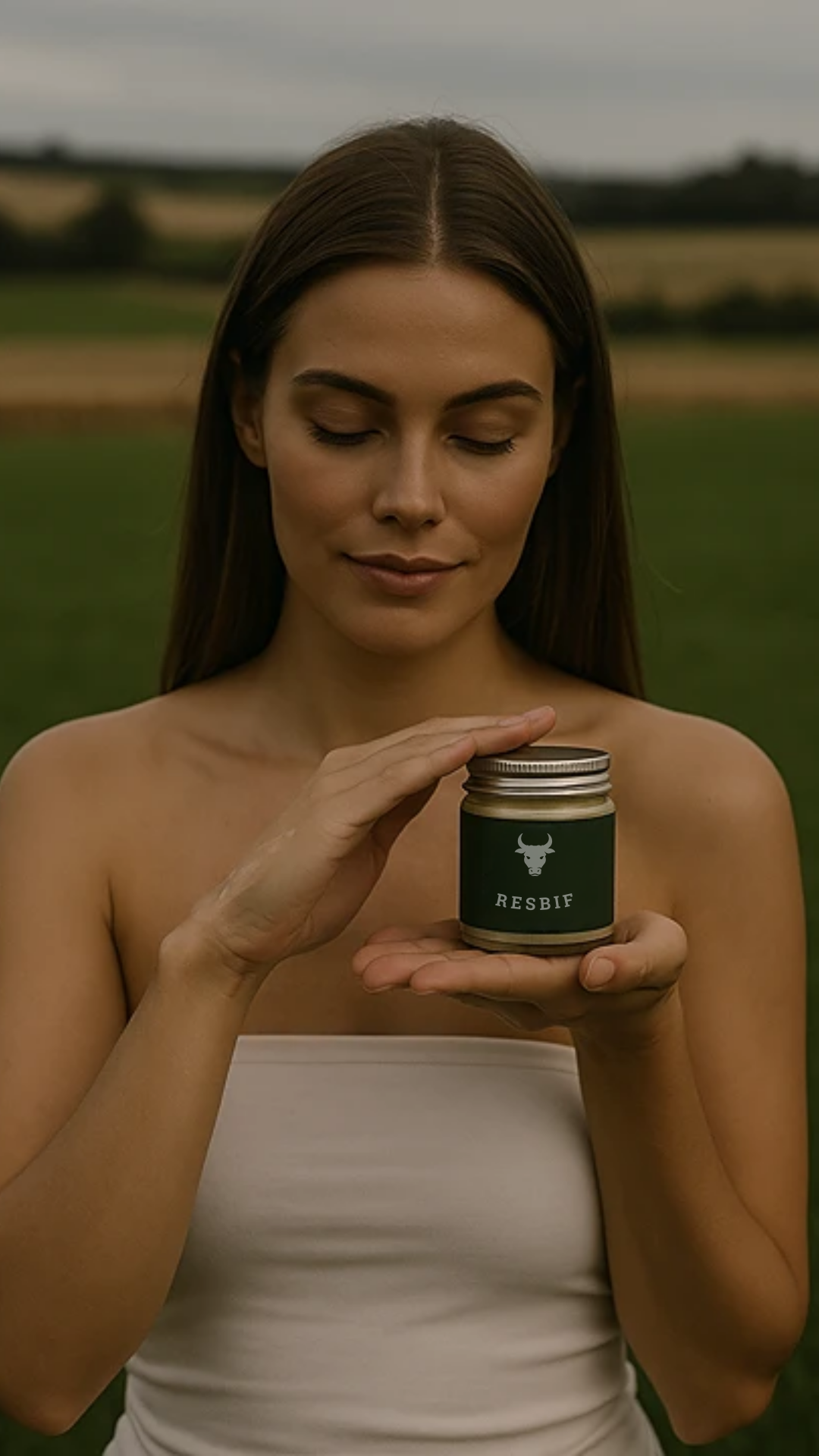 mujer cogiendo un tarro de sebo de res de la marca ResBif